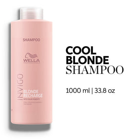 Close-up of Wella Invigo Blonde Recharge label reveals color-depositing pigments.