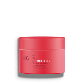 Wella Invigo Brilliance Mask bottle close-up highlighting color protection and shine.