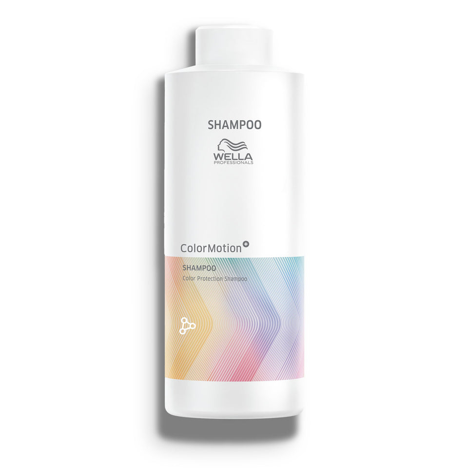Wella ColorMotion+ shampoo bottle showing color protection benefits
