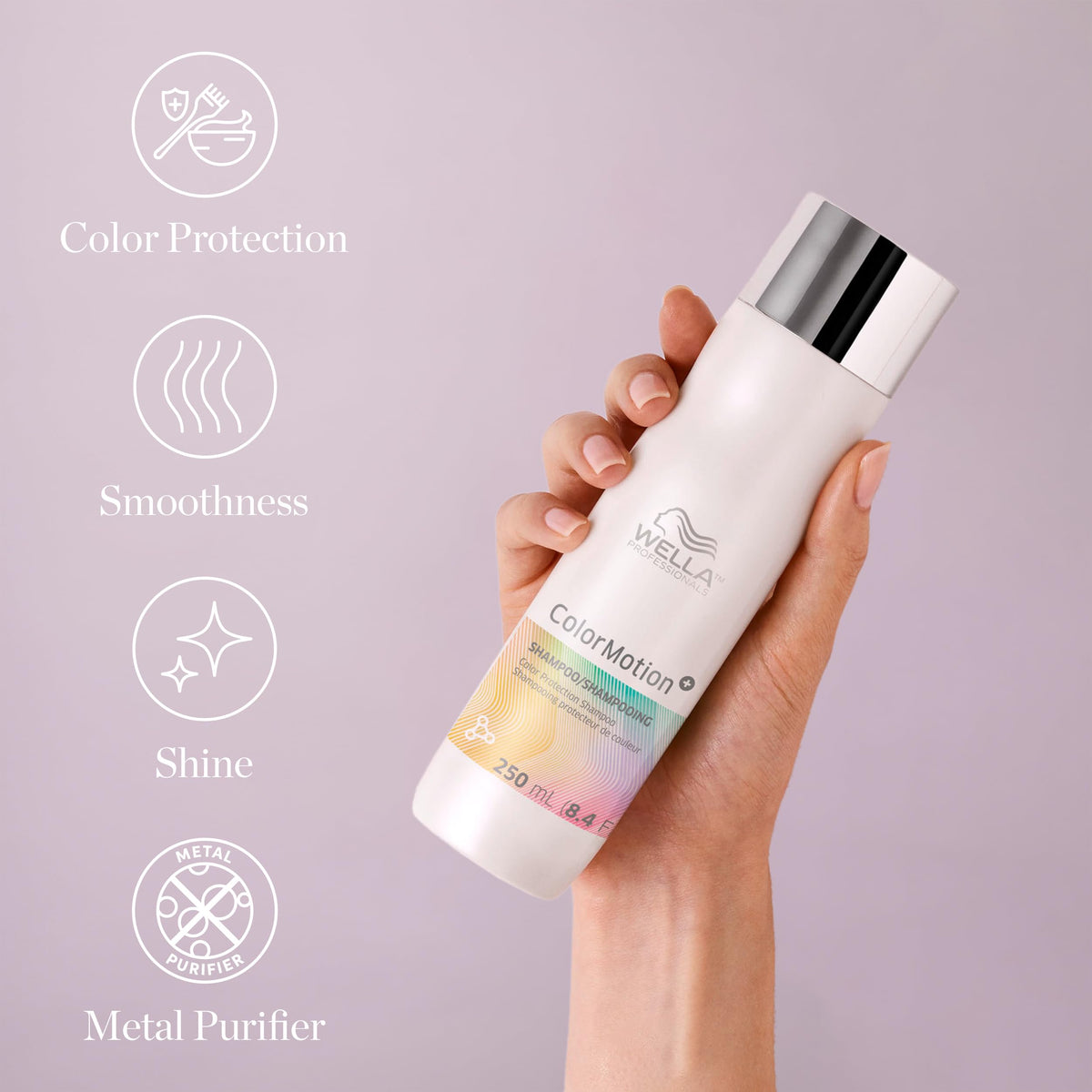 Hands apply ColorMotion+ shampoo for daily cleansing