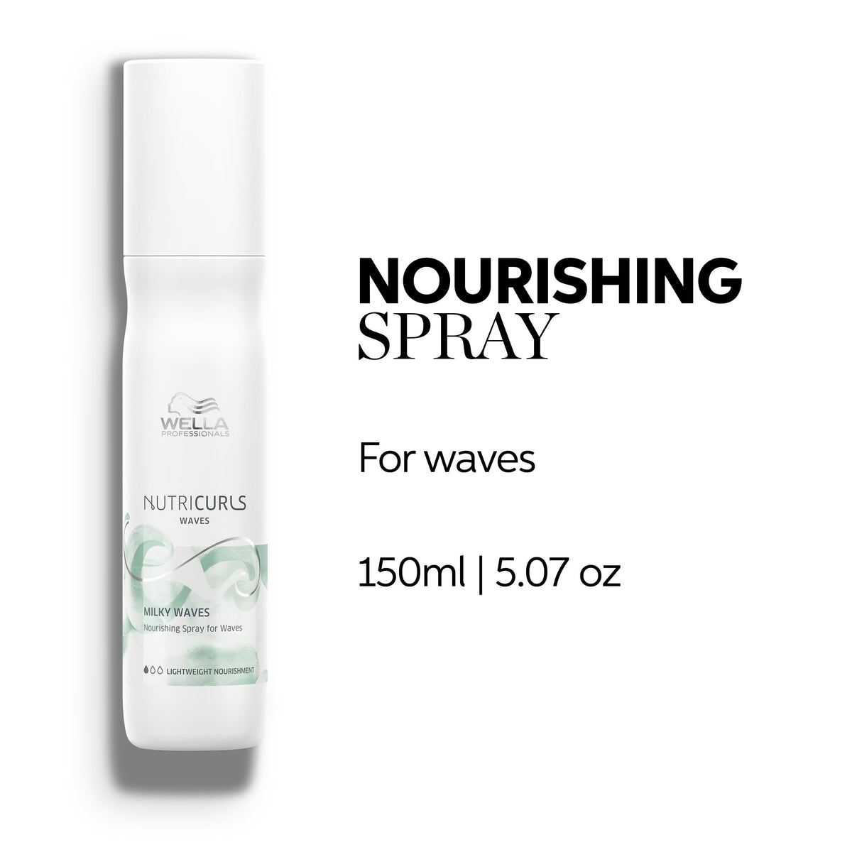 Wella Nutricurls leave-in spray bottle close-up highlighting lightweight nourishment for manageable waves.