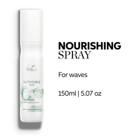 Wella Nutricurls leave-in spray bottle close-up highlighting lightweight nourishment for manageable waves.
