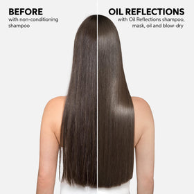 Wella Professionals Oil Reflections graphic highlights camellia oil hydration and shine.