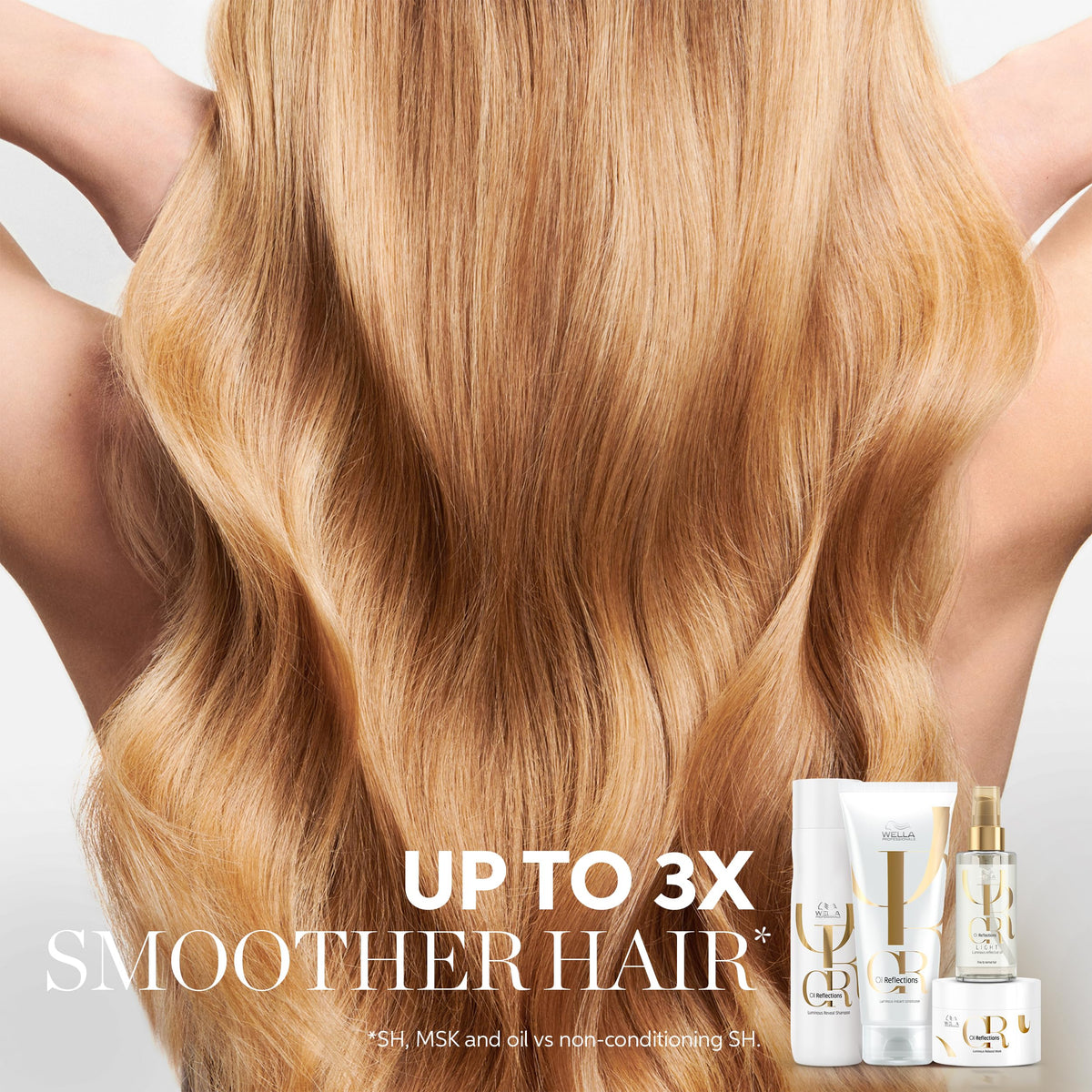 Wella Professionals Oil Reflections bottle close-up reveals silky, clean lather.