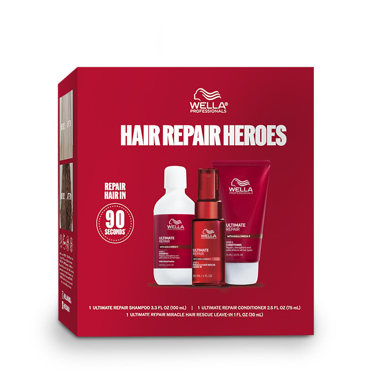 Wella Professionals Ultimate Repair Kit packaging display showing the three-step system for damaged hair.