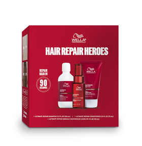 Wella Professionals Ultimate Repair Kit packaging display showing the three-step system for damaged hair.