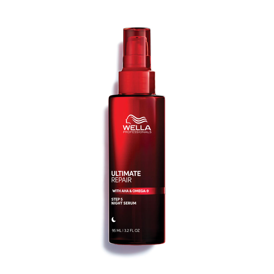Wella Professionals ULTIMATE REPAIR Night Serum bottle on vanity, protecting hair during sleep.