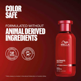 Wella Professionals Ultimate Repair Shampoo bottle imagery references Metal Purifier technology.