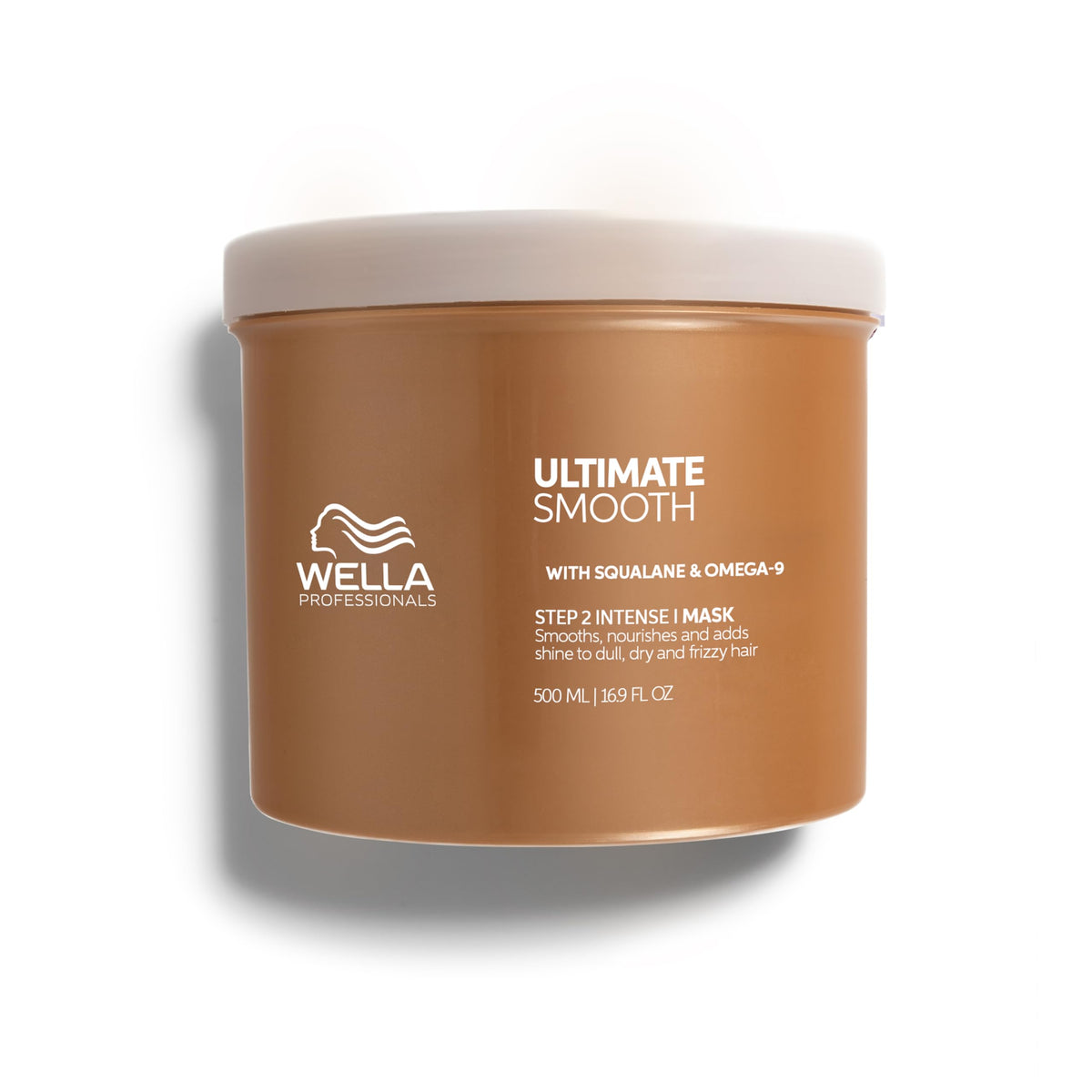 Wella Professionals Ultimate Smooth Intense Mask bottle showcases nourishing formula for dry, frizzy hair.