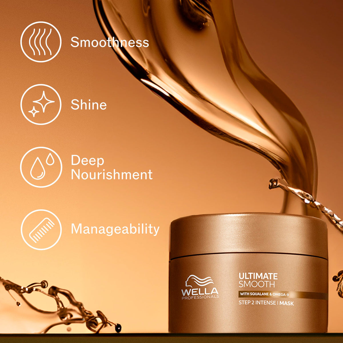 Wella Professionals Ultimate Smooth Intense Mask jar close-up applying on damp hair.