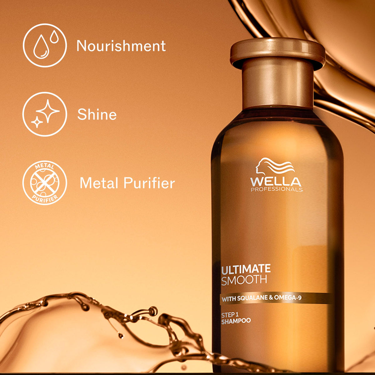 Wella Professionals Ultimate Smooth bottle highlighting Metal Purifier technology for metal detox.
