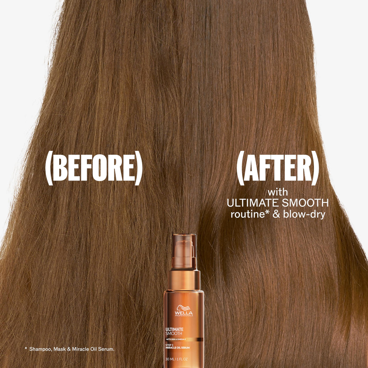 Wella Professionals Ultimate Smooth bottle showing Squalane and Omega-9 for hydration.