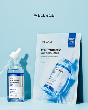 WELLAGE Real Hyaluronic Blue Ampoule Mask after-use glow on skin