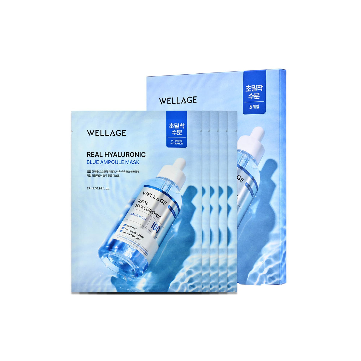 WELLAGE Real Hyaluronic Blue Ampoule Mask packaging highlights vegan sheet for gentle hydration