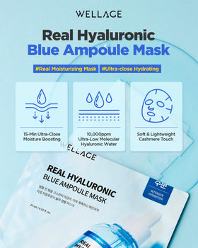 WELLAGE Real Hyaluronic Blue Ampoule Mask sheet in vegan fabric designed for sensitive skin