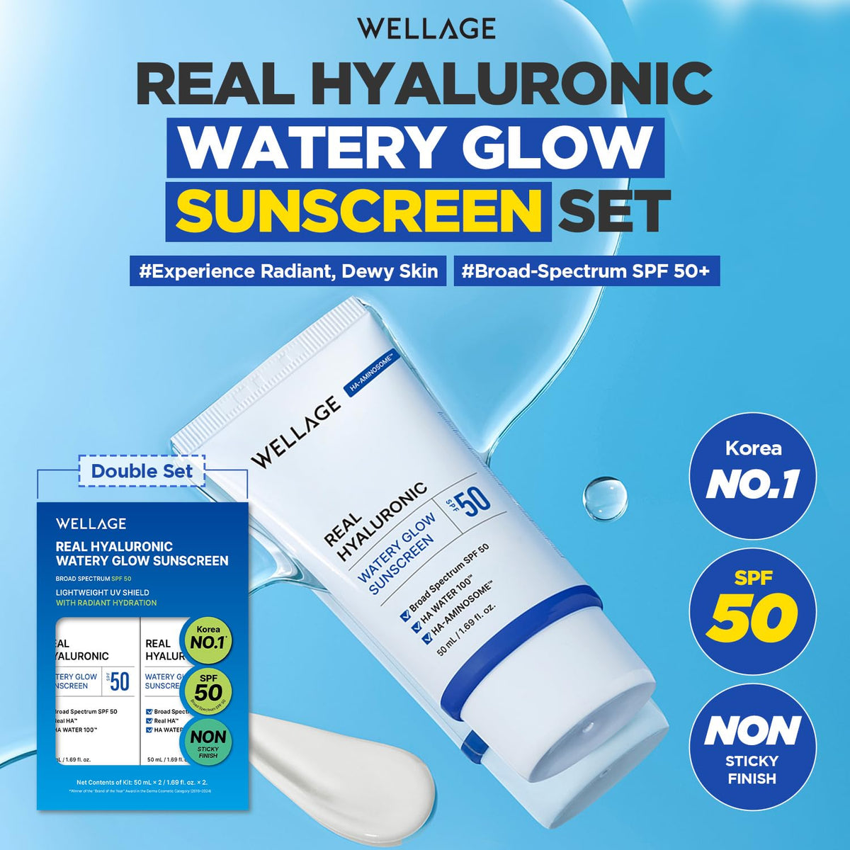 Wellage Real Hyaluronic Watery Glow Sunscreen two-pack packaging on display