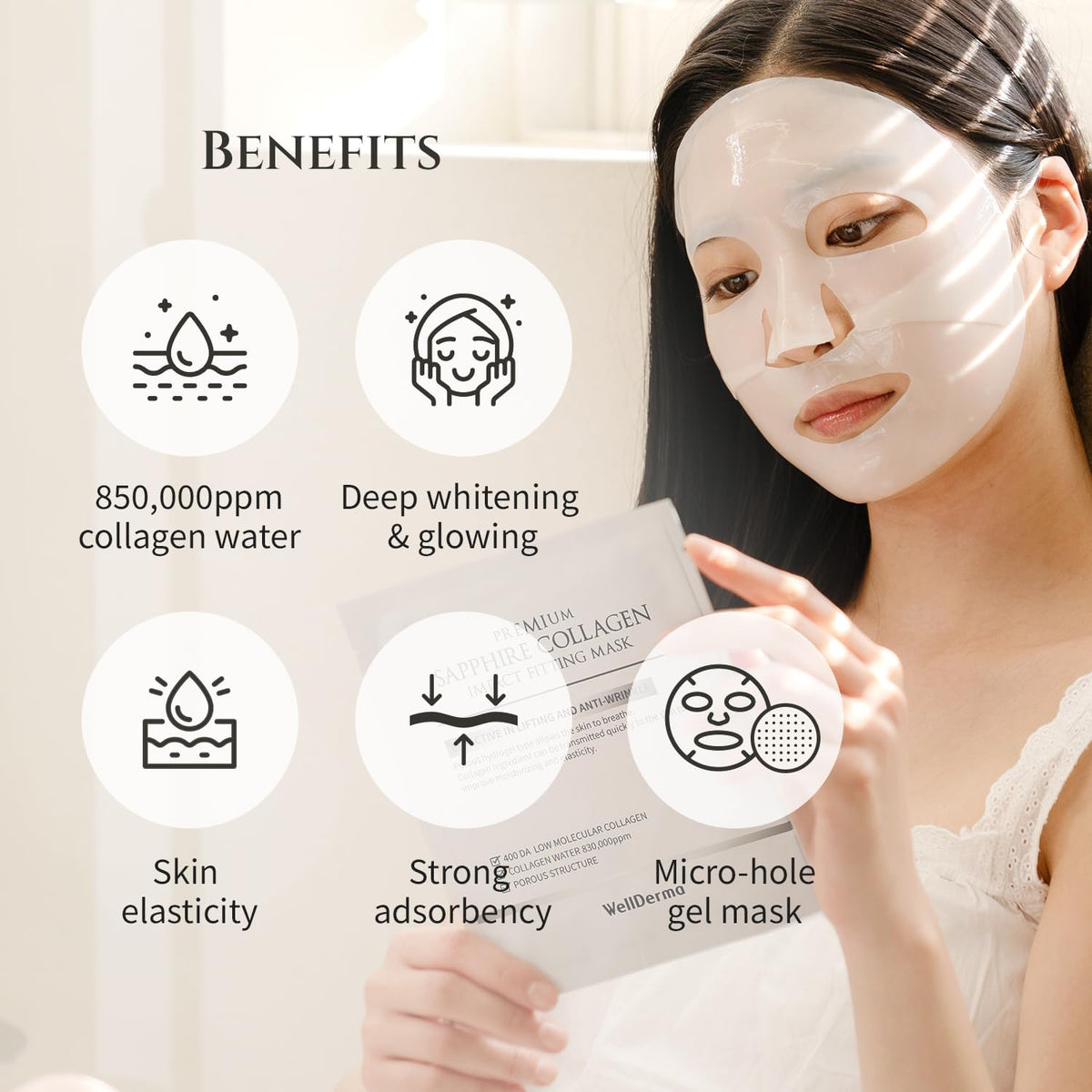 WELLDERMA Sapphire mask closeup shows micro-hole sheet for comfortable wear