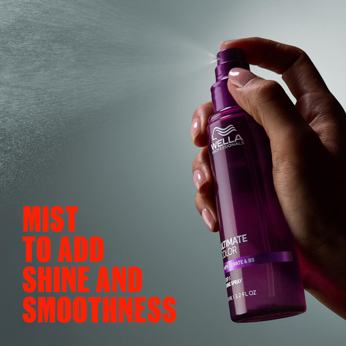 Wella Professionals Ultimate Color Shine Spray packaging shows easy daily application.