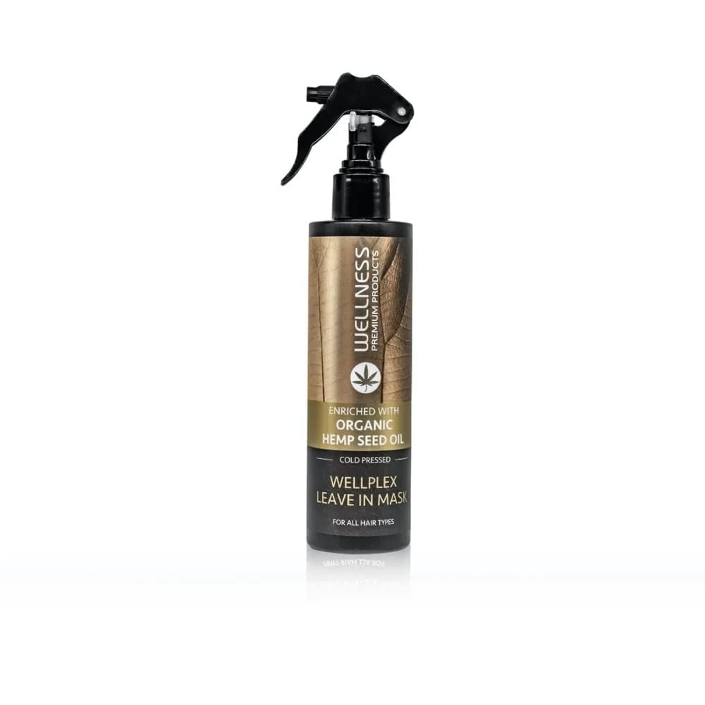 Wellplex leave-in mask spray bottle delivers essential hydration for silky hair.