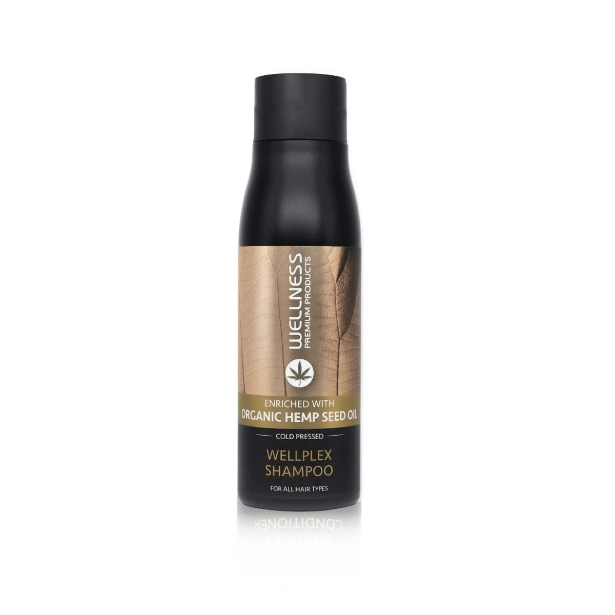 Wellness Premium Wellplex Hemp Infused Repair Shampoo bottle demonstrates hydrating care for damaged hair.
