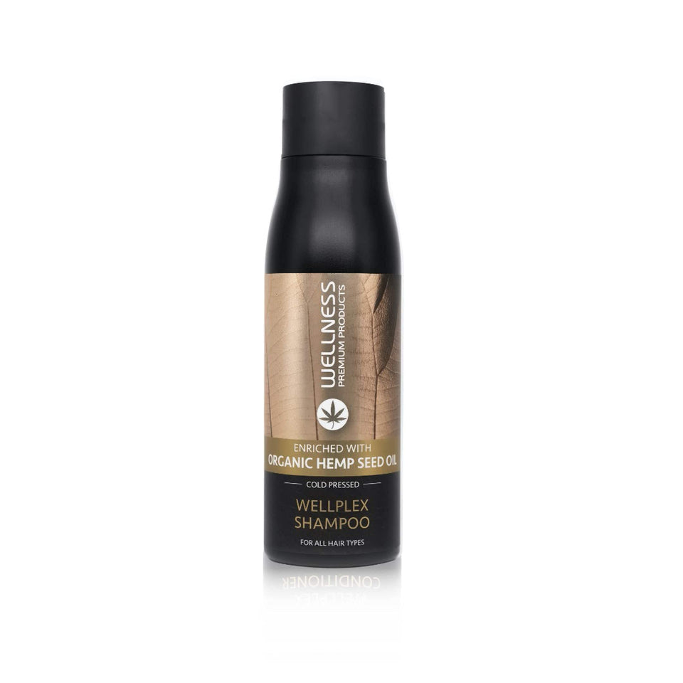Wellness Premium Wellplex Hemp Infused Repair Shampoo bottle demonstrates hydrating care for damaged hair.