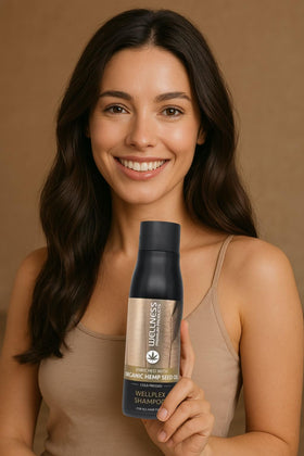 Wellness Premium Wellplex label highlights organic hemp infusion and color-safe benefits.