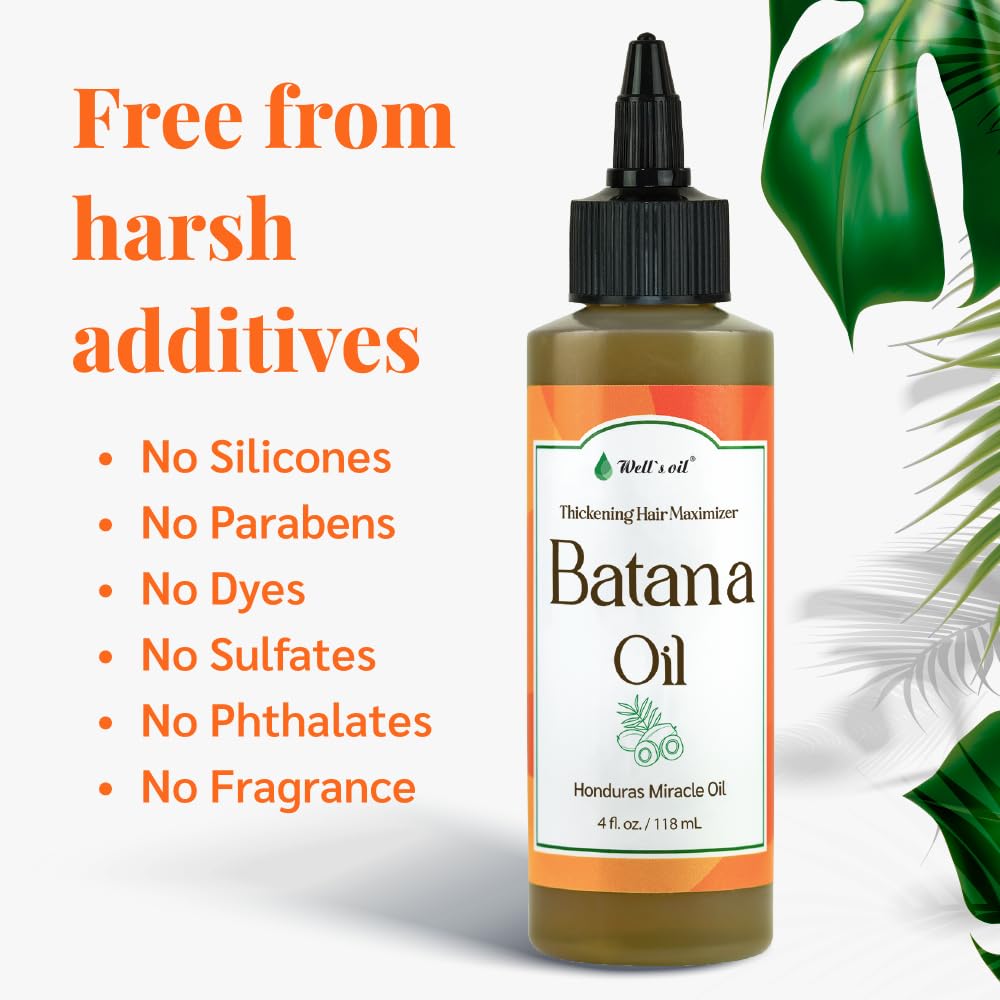 Well's Oil Batana Oil label highlights silicone-free formula