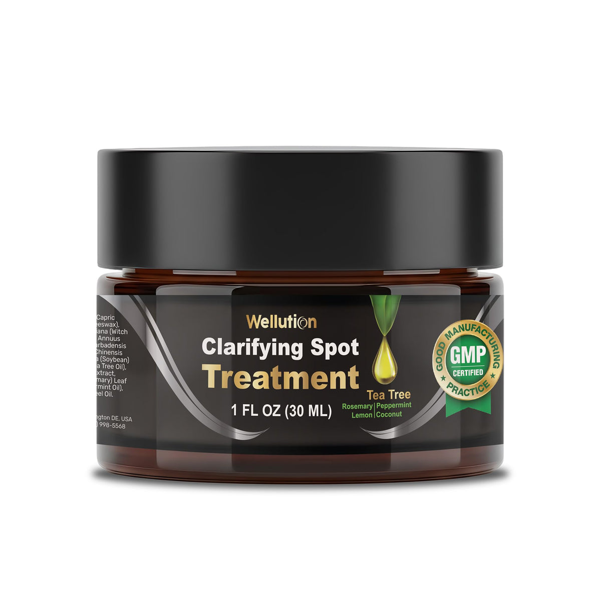WELLUTION Tea Tree Acne Cream tin close-up showing targeted spot care