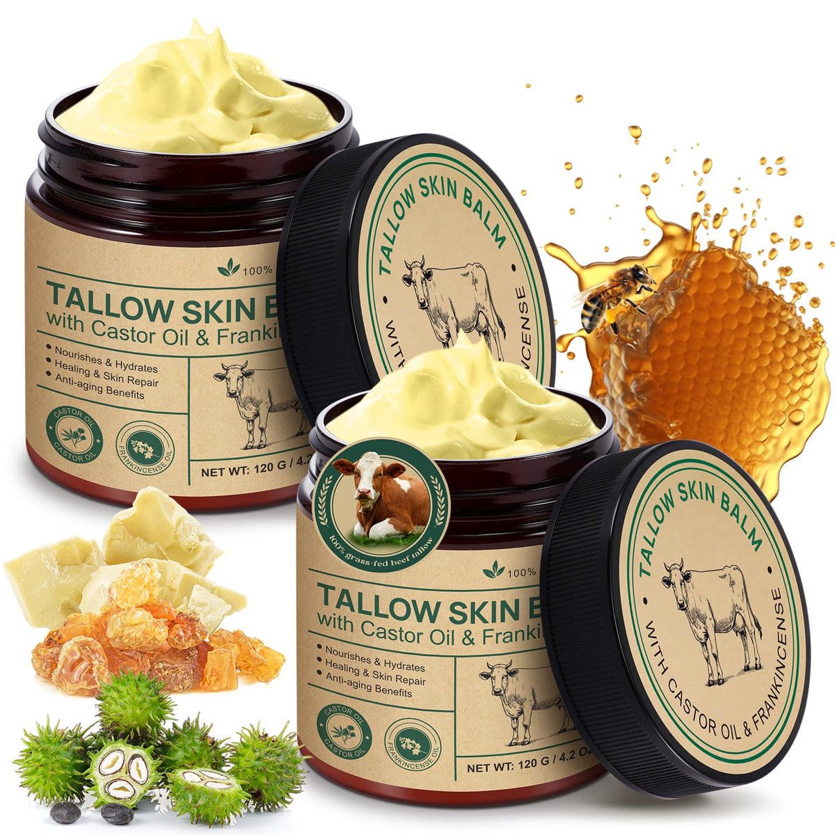 WELOSUER beef tallow castor oil frankincense cream jar showing natural hydration benefits