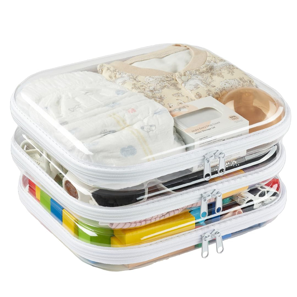 WELPIRT clear hard shell bag open showing travel toiletries organized.