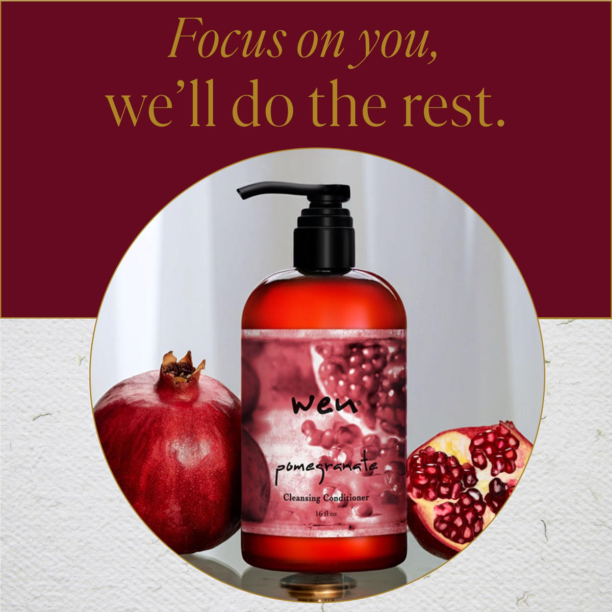WEN Pomegranate Cleansing Conditioner creamy texture close-up suggests smooth, detangled hair after use.