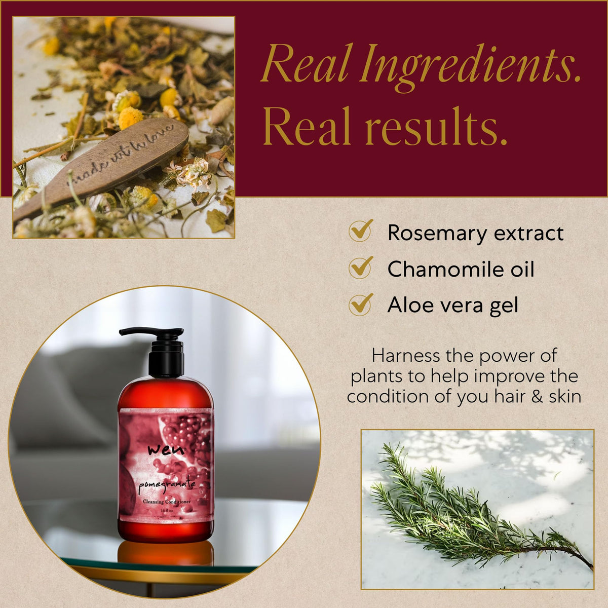 Pomegranate extract visual cue highlights antioxidant-inspired care for hair with WEN.