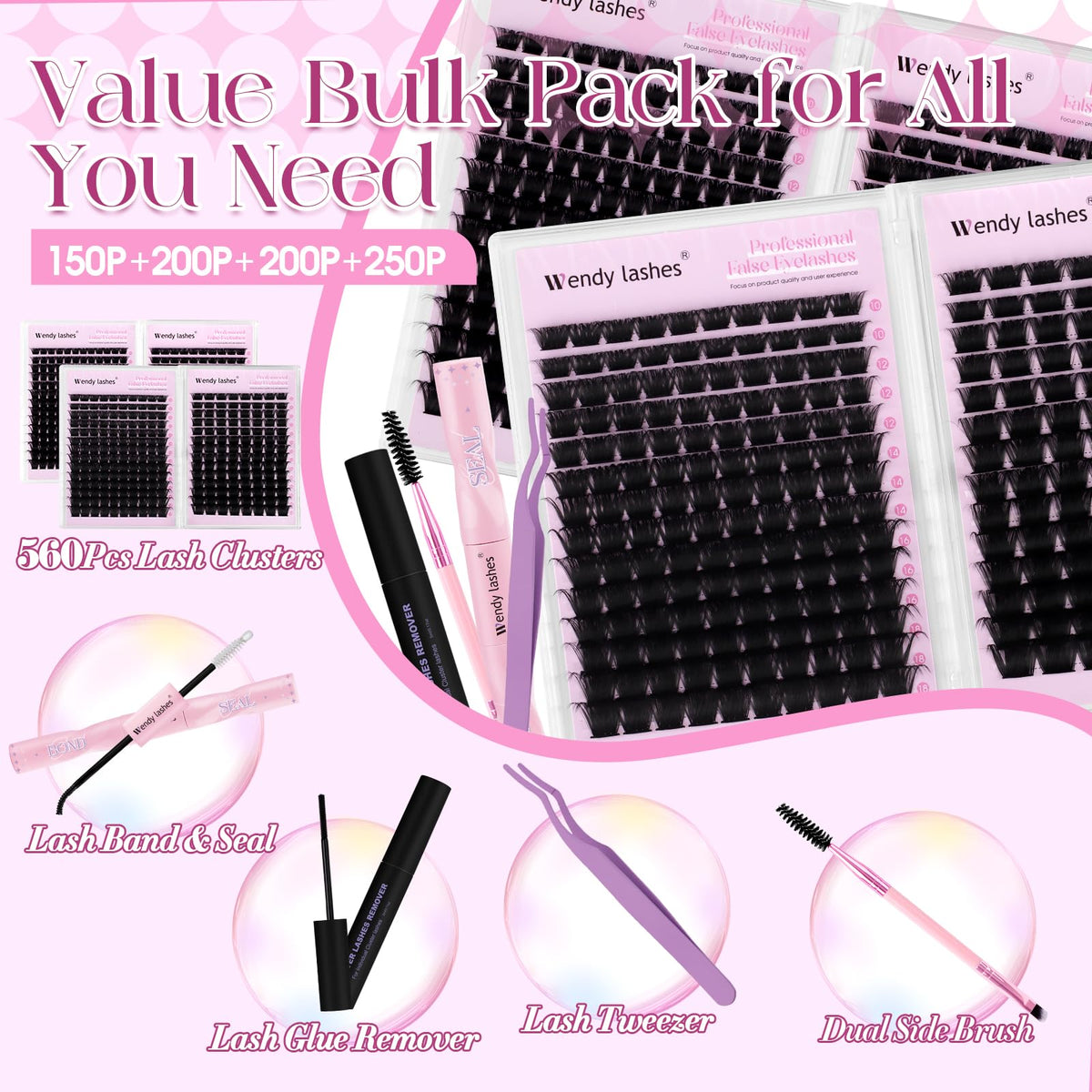 Wendy Lashes 200d lashes pack close-up with varied lengths for flexible styling.