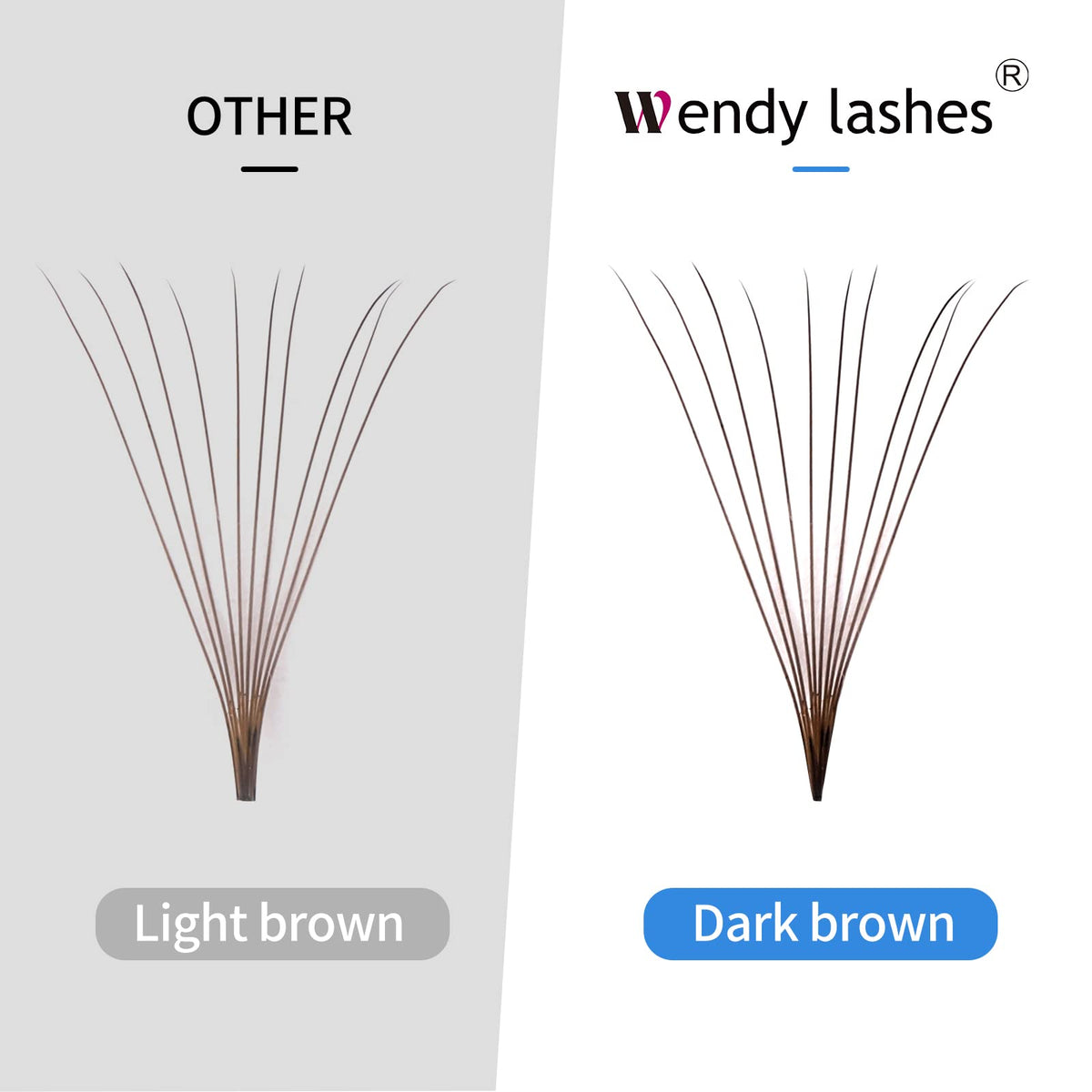 Wendy Lashes 10D brown premade fans side view showing lightweight comfortable wear.