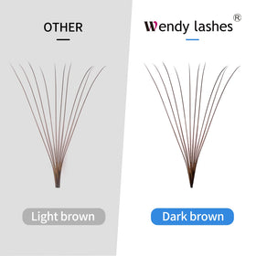 Wendy Lashes 10D brown premade fans side view showing lightweight comfortable wear.