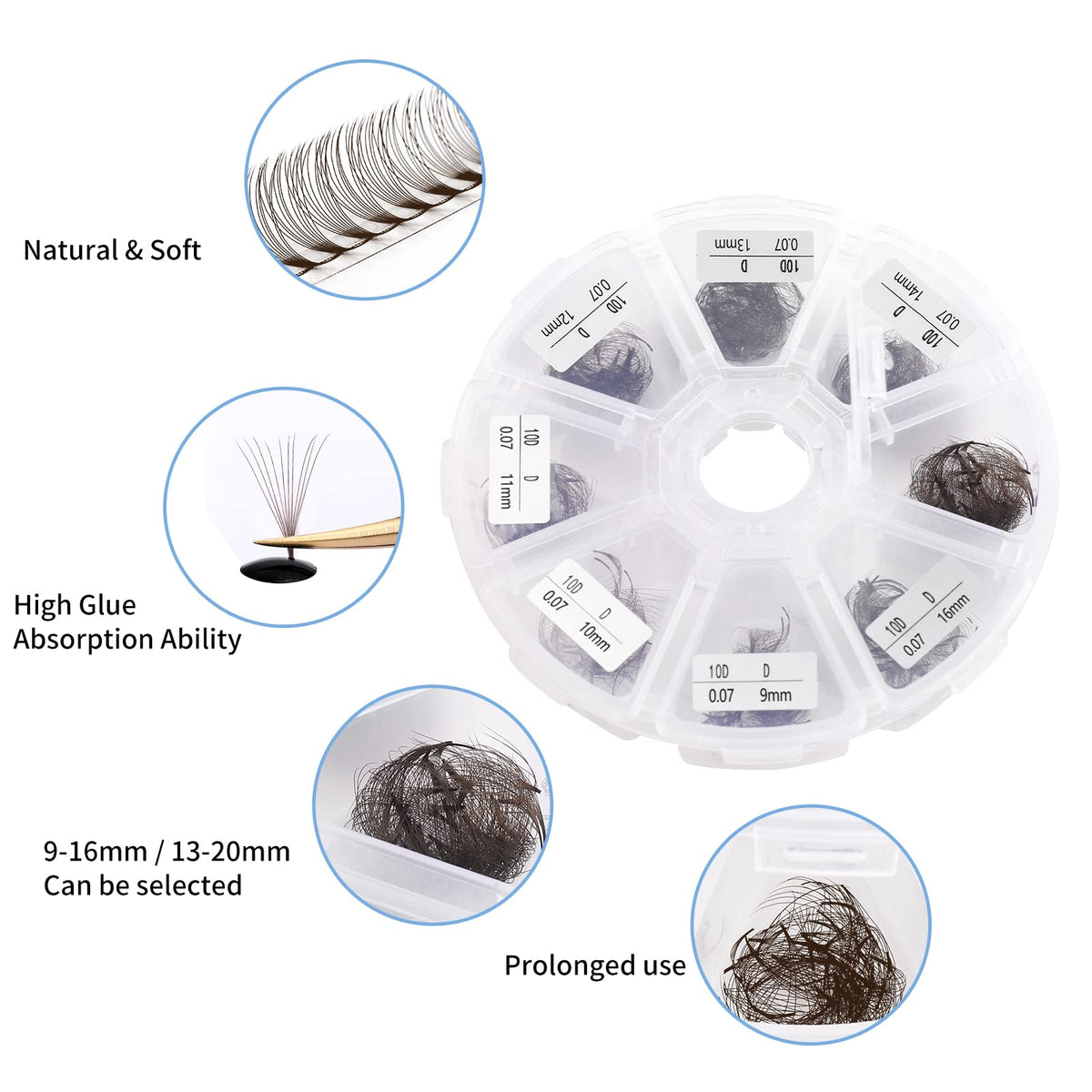 Wendy Lashes 10D brown premade fans 0-07mm thickness for light feel.