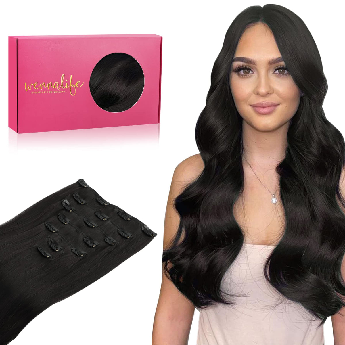 wennalife clip-in extensions in natural black set on flatlay