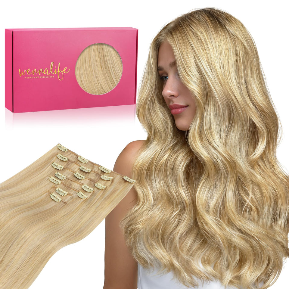 Wennalife clip-in extensions 16-inch set for instant fullness and length.