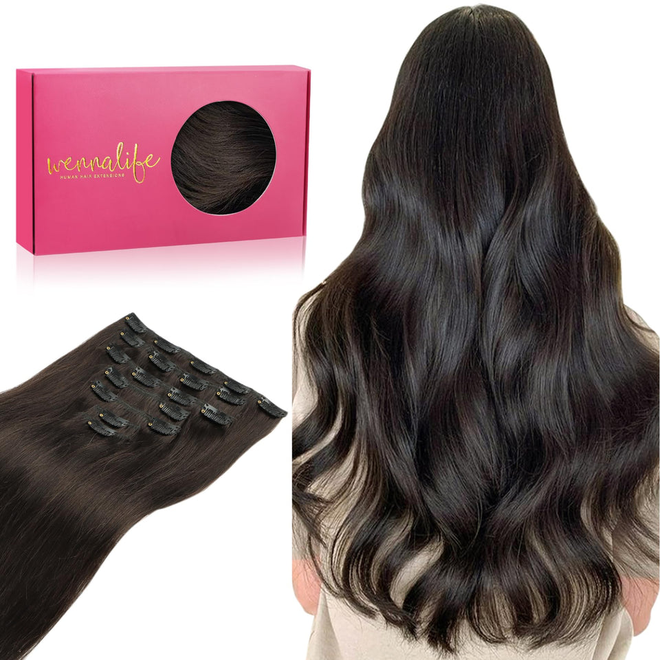 Wennalife 22-inch clip-in extensions in dark brown for seamless blend and effortless volume