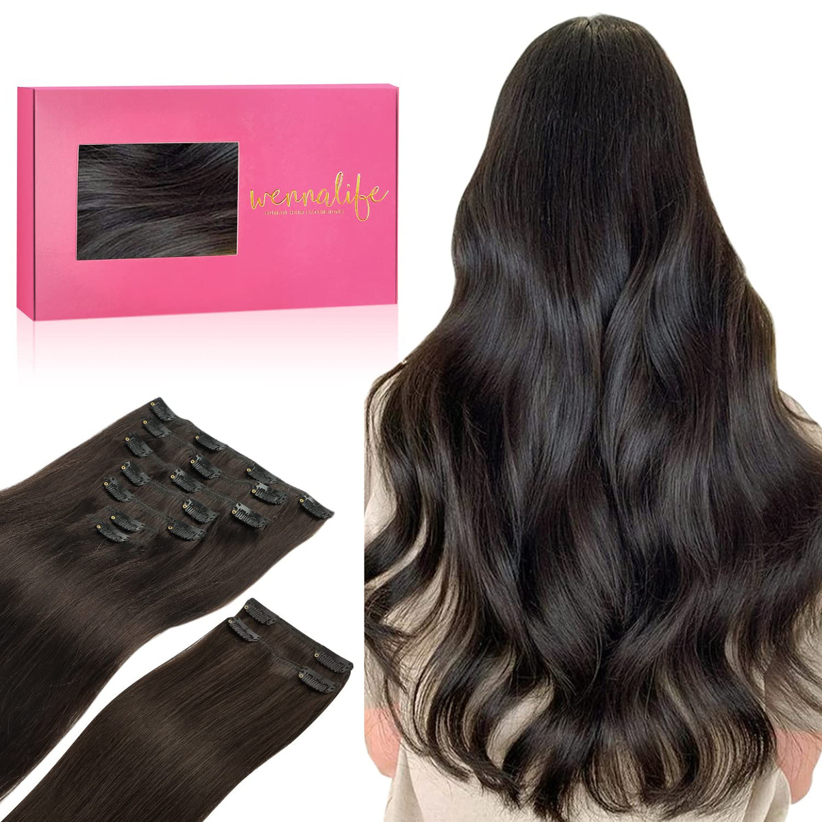Wennalife clip-in extensions in dark brown blend naturally for fuller look.