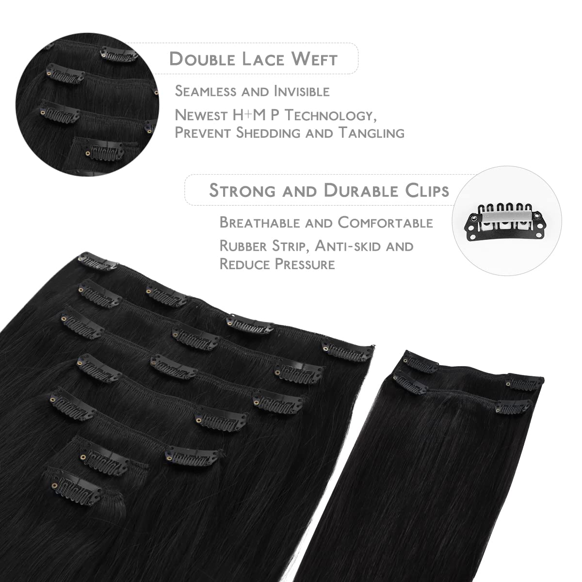 Wennalife jet black color-match clips with blue undertones for glossy shine.