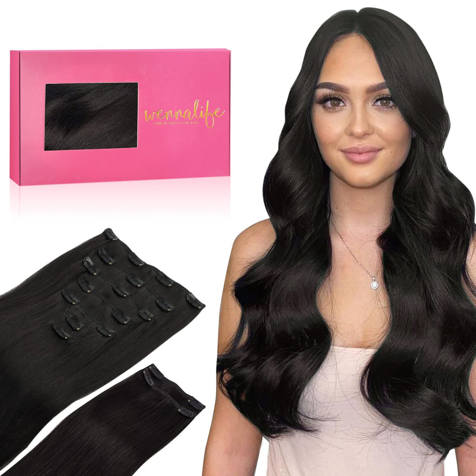 Wennalife clip-in extensions pack shows natural black blend for seamless styling.