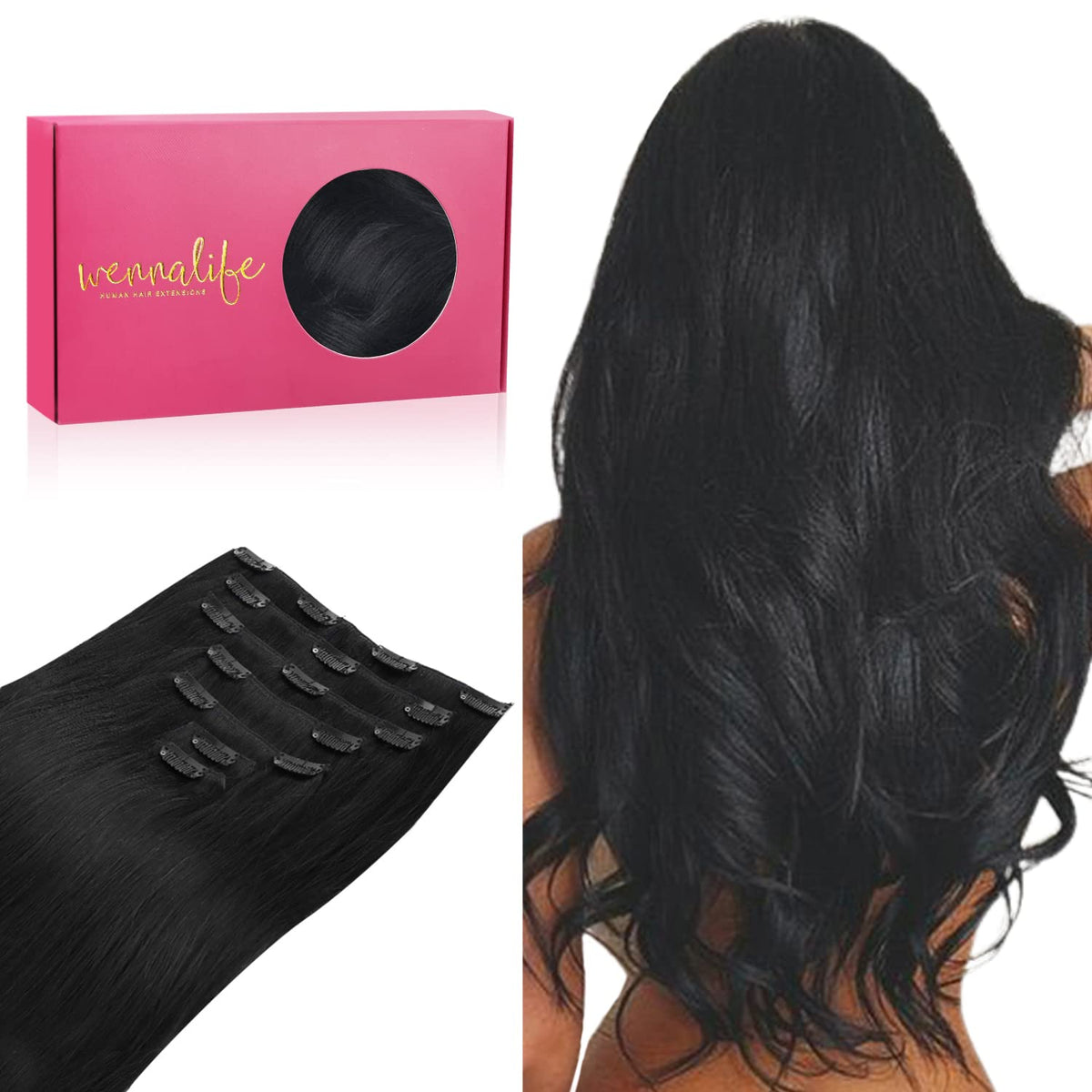 Wennalife clip-in hair extensions packaging in Jet Black for quick wear