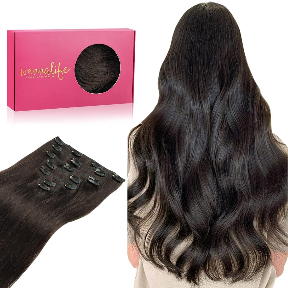 Wennalife clip-in extensions with Remy hair for natural 14-inch length.