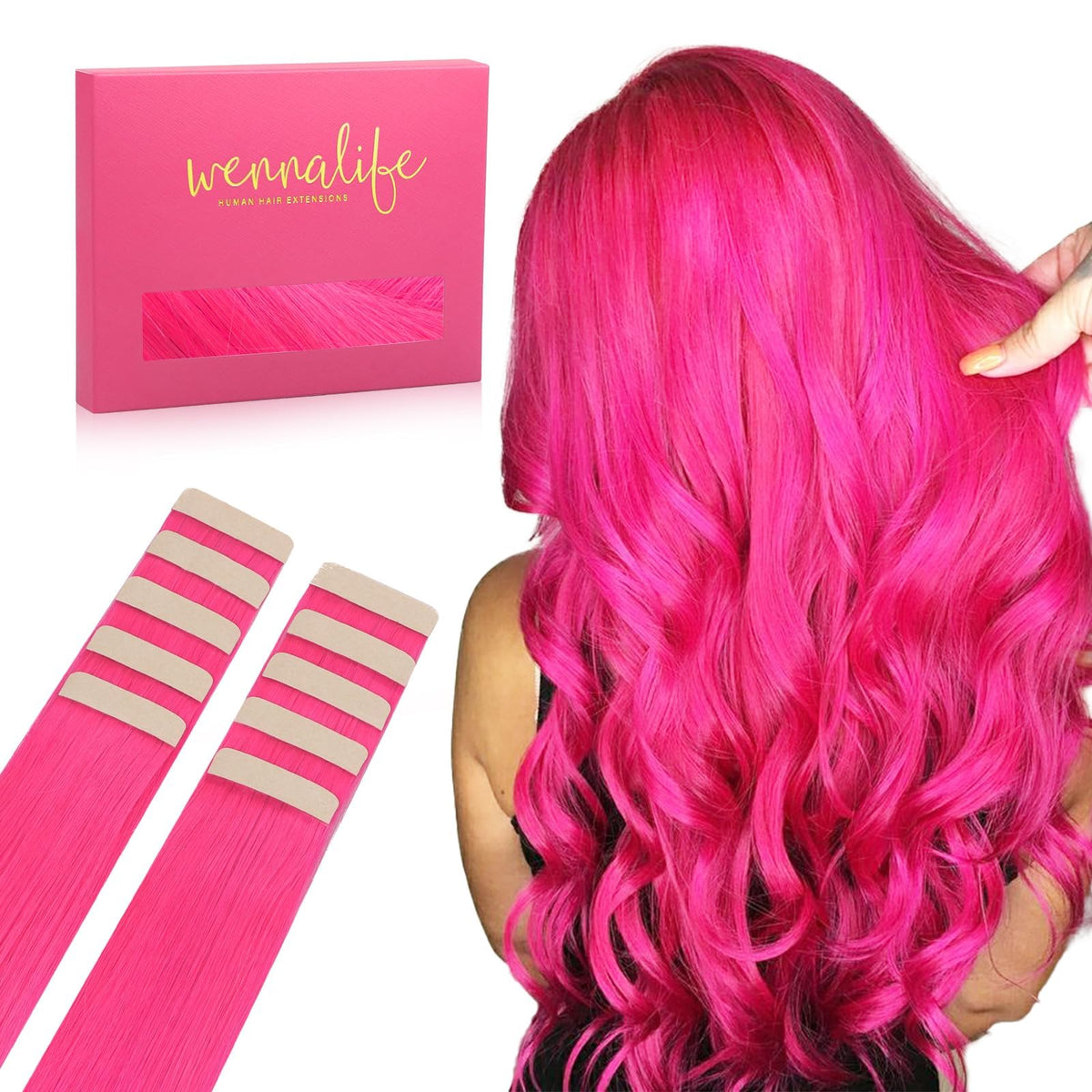 Wennalife hot pink tape-in extensions in 14 inches for bold color accents and easy blending.