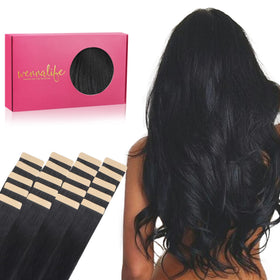 Wennalife tape-in hair extensions jet-black packaging, ready for quick at-home styling.