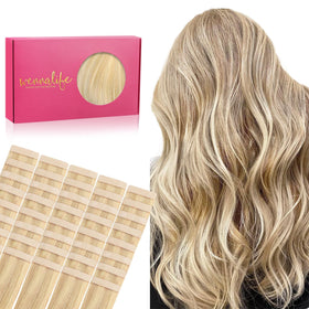 Wennalife tape-in extensions with light blonde highlights blend naturally for fullness.