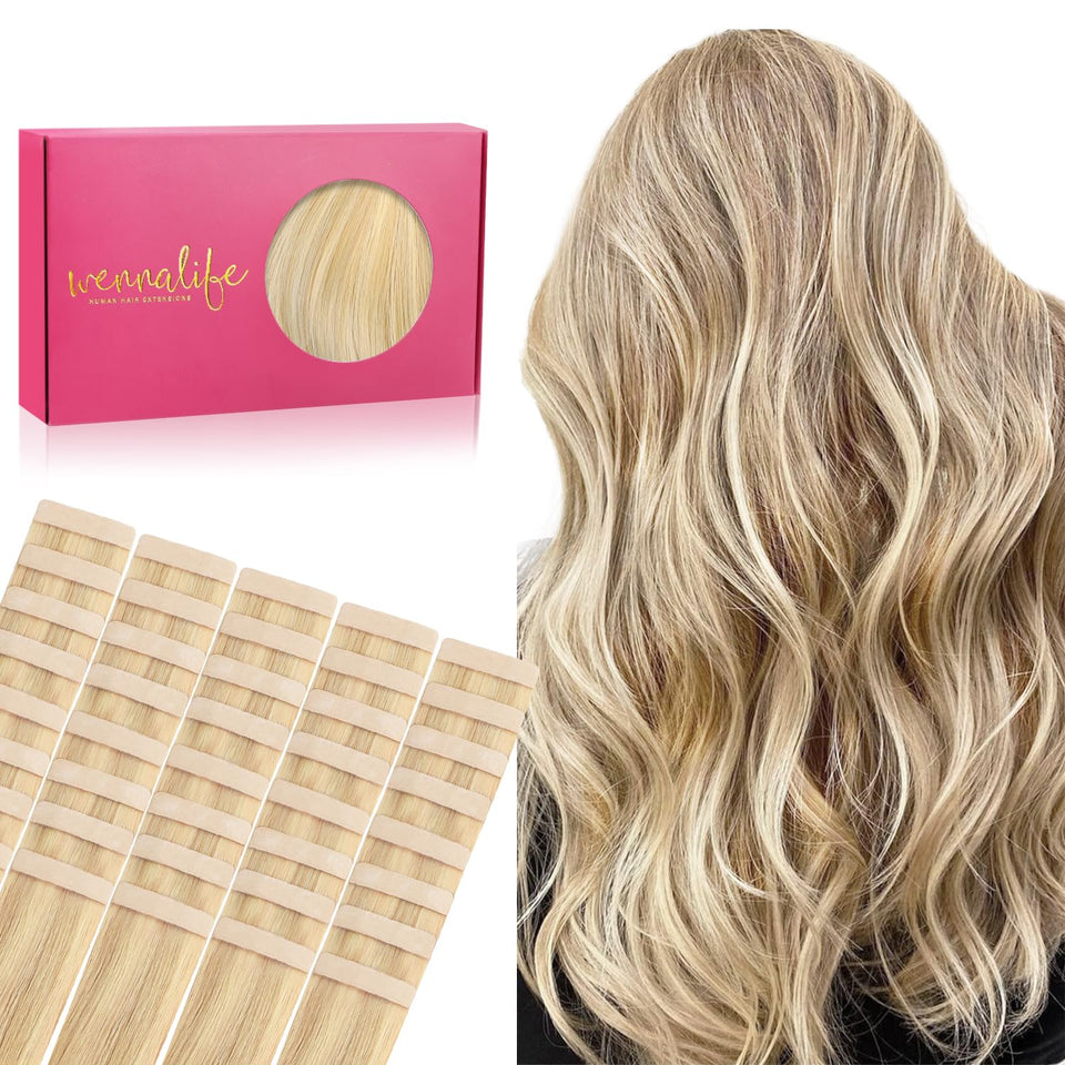 Wennalife tape-in extensions with light blonde highlights blend naturally for fullness.
