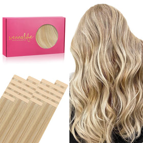 WENNALIFE tape-in extensions packaging highlights premium Remy hair for seamless styling.