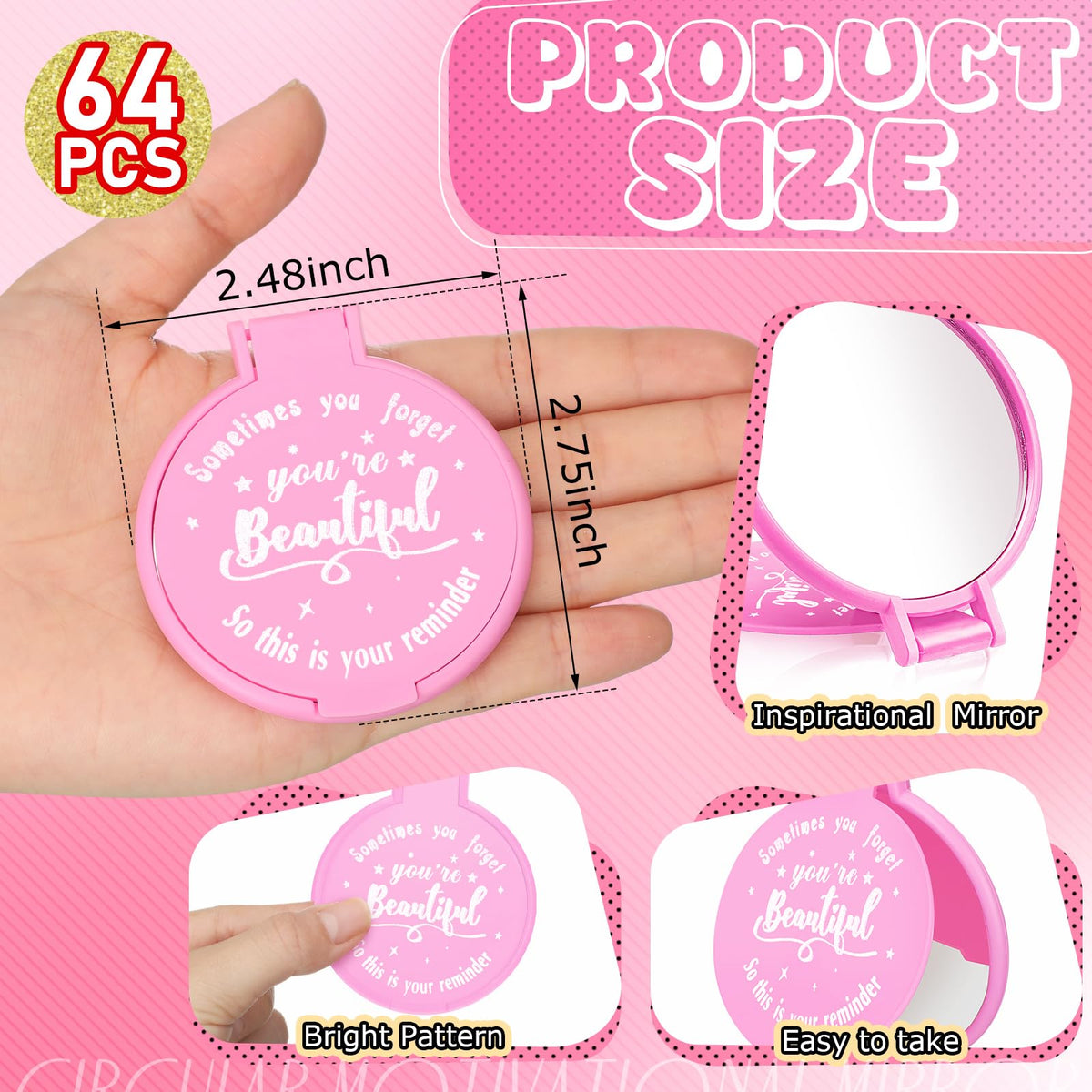 Wenqik mini pocket mirror rose pink close-up showing foldable portability for on-the-go touchups.